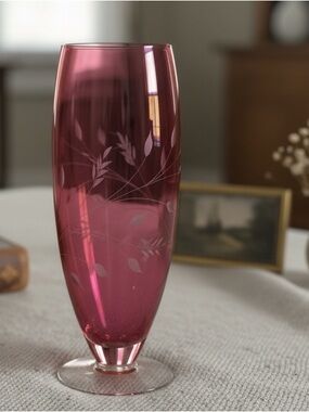 Vintage Cranberry Glass Vase | Etched Floral | Hand Blown 1960s Decor